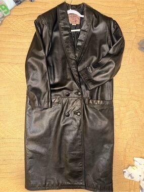 Vintage Earthbags by Fred Salerno Black Leather Trench Coat Full Length